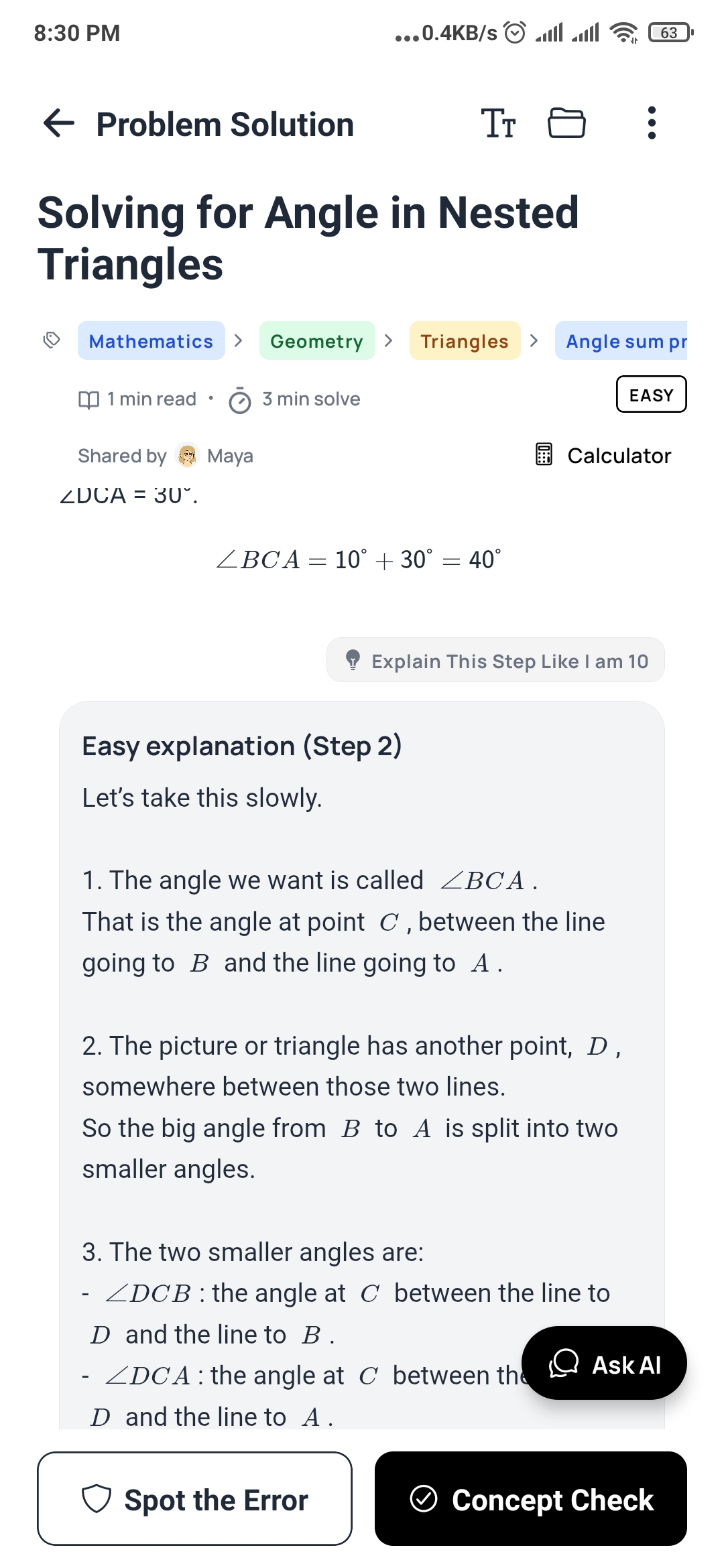 DeepRevision Solve: a geometry problem with an 'Explain This Step Like I am 10' explanation, plus Spot the Error and Concept Check buttons