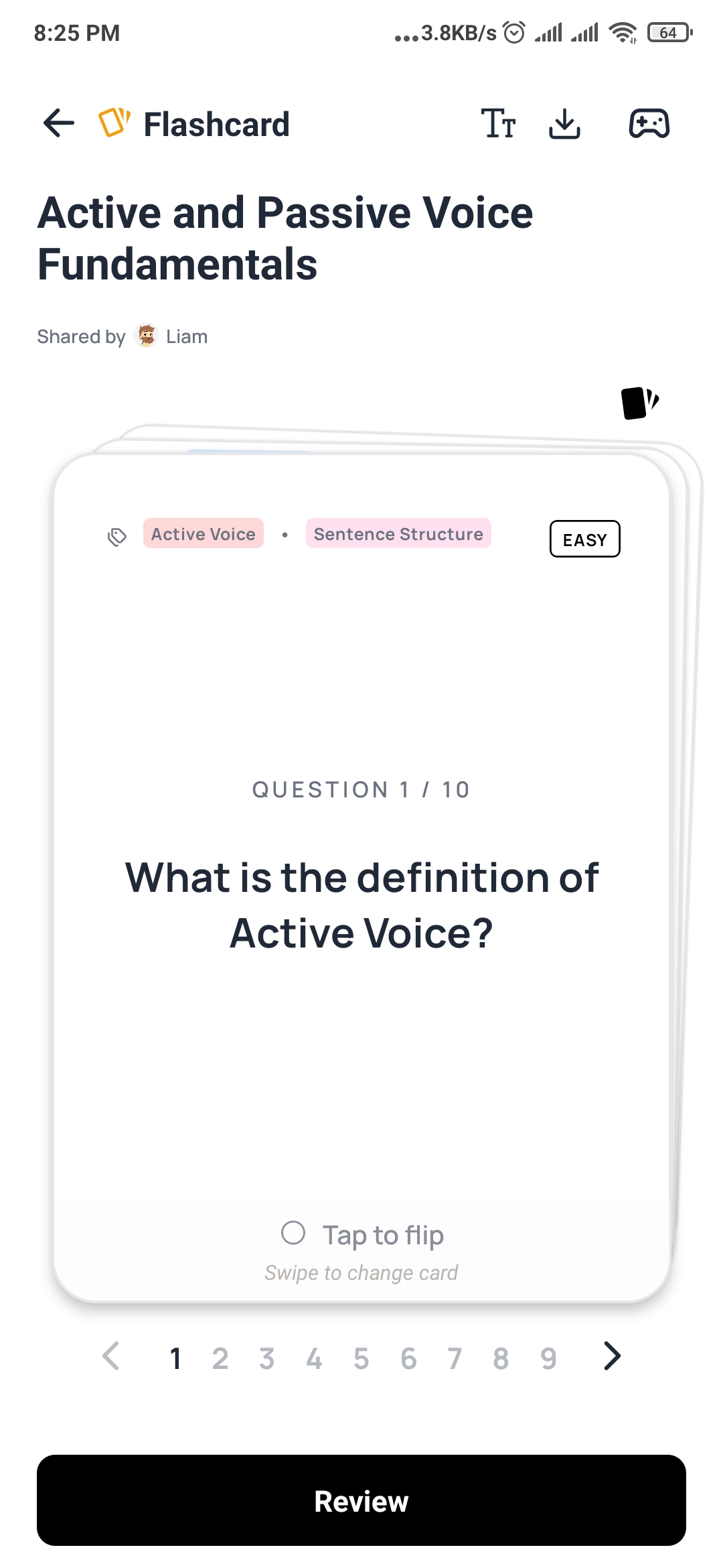 A DeepRevision flashcard: 'What is the definition of Active Voice?' with tap to flip and a Review button