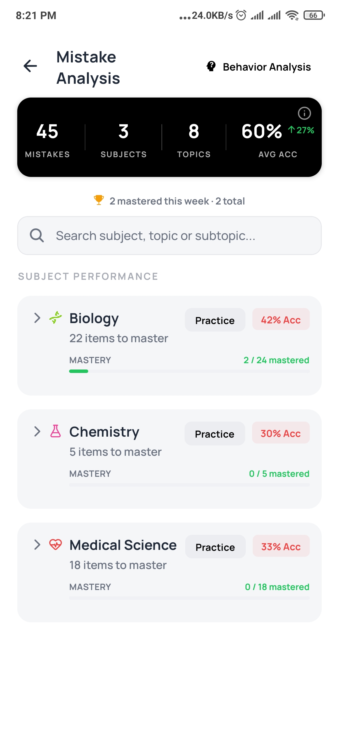 DeepRevision's Mistake Analysis screen listing Biology, Chemistry and Medical Science with accuracy and mastery for each
