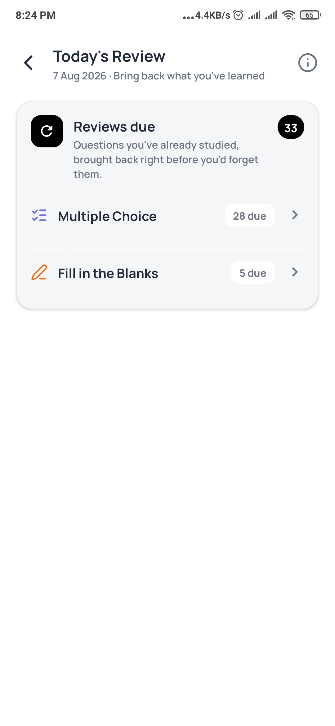 DeepRevision's Today's Review screen showing 33 reviews due: 28 multiple choice and 5 fill in the blanks