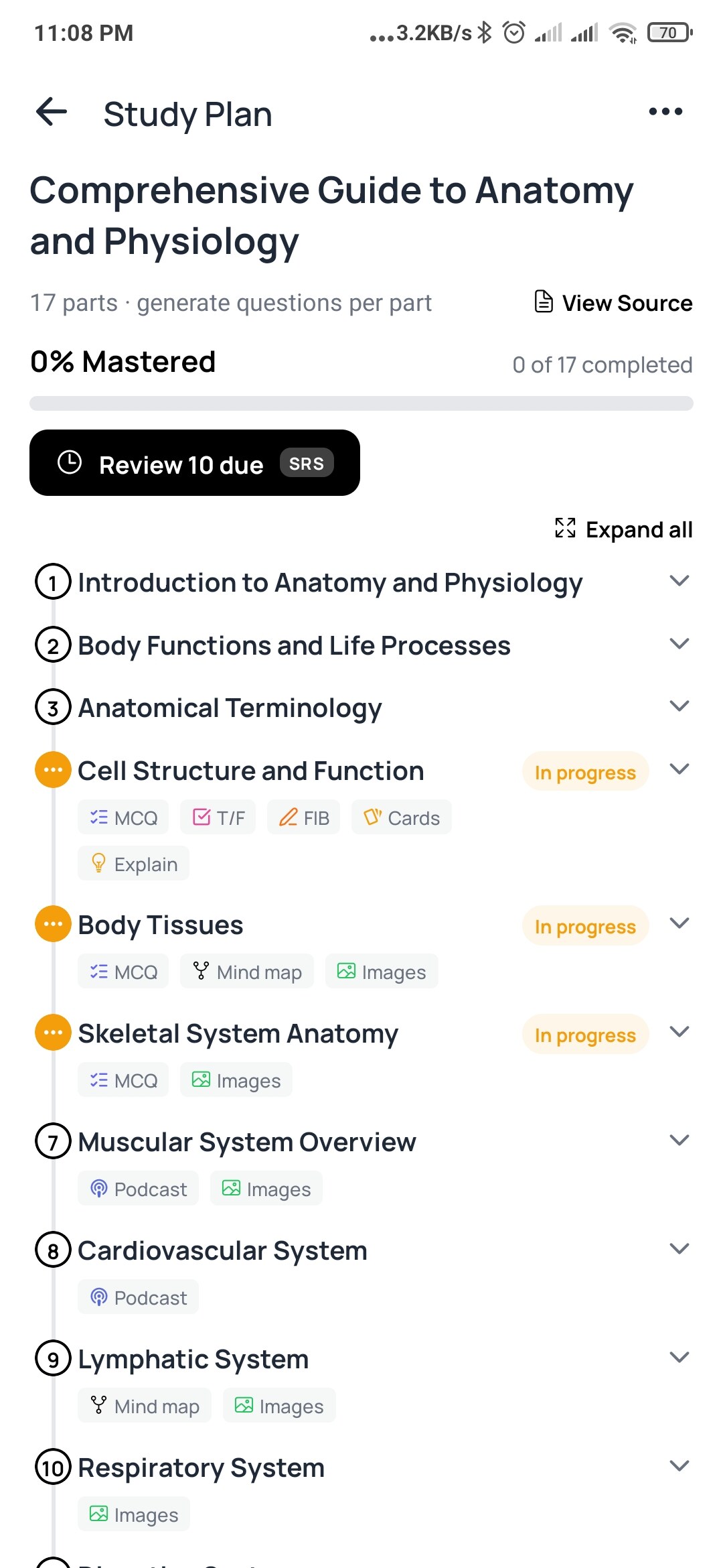 DeepRevision study plan for Anatomy and Physiology, with a Podcast option on the Muscular System and Cardiovascular System sections